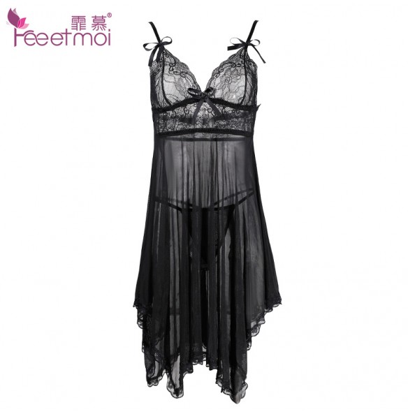 FEE ET MOI Sexy Lace Deep V Neck Sleepwear Dress (Black) FEE ET MOI Sexy Lace Deep V Neck Sleepwear Dress (Black)